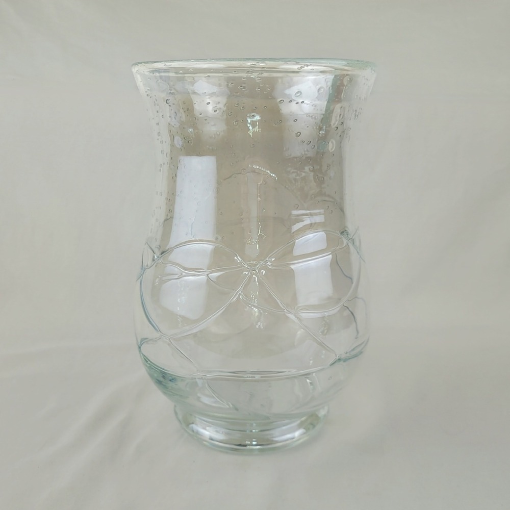 Hand Blown Seeded Glass Hurricane Vase Swirl Ribbon Detail Clear 9"
